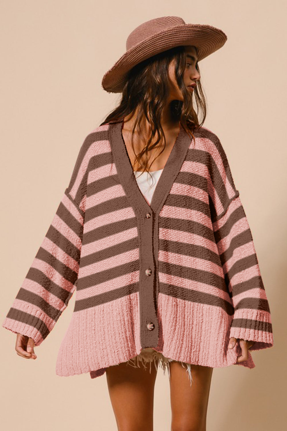 BiBi Slit Striped V-Neck Button Up Cardigan - Inspired Collective Store