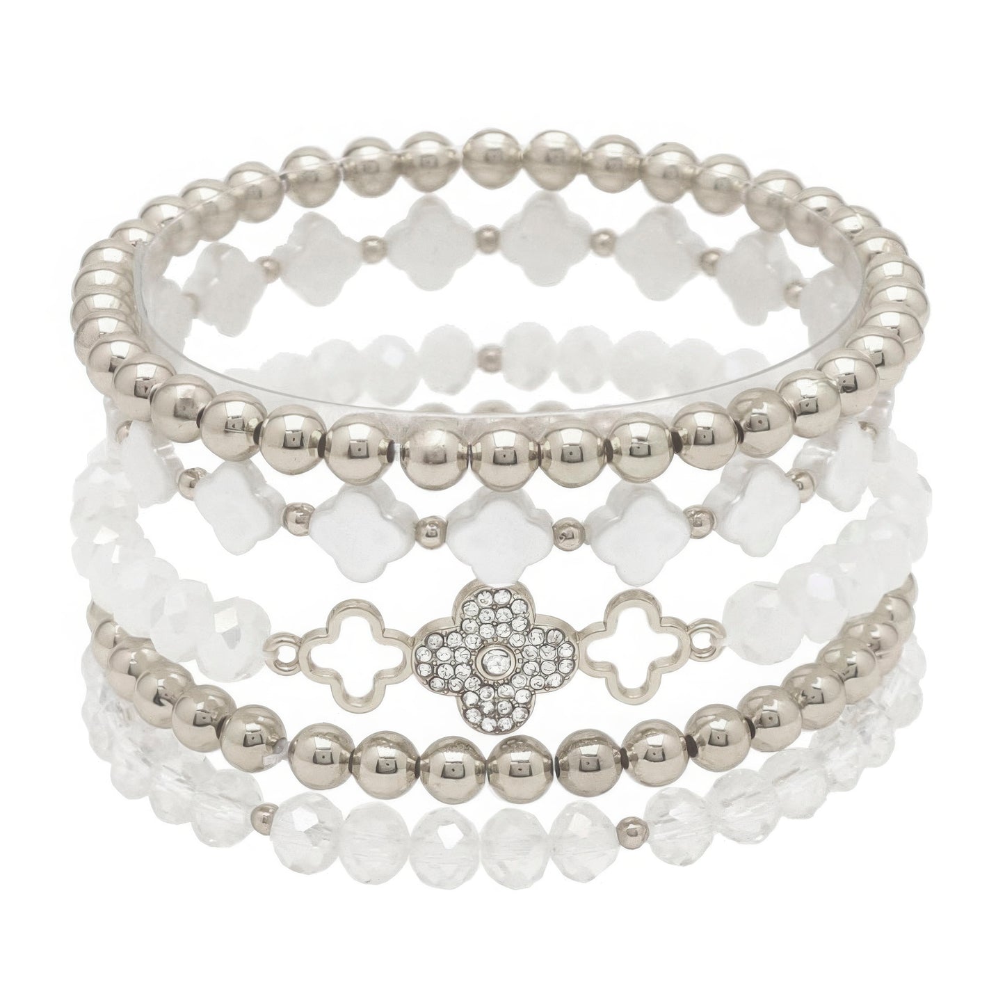 Clover Metal Pearl Rhinestone Stretch Bracelet Set - Inspired Collective Store
