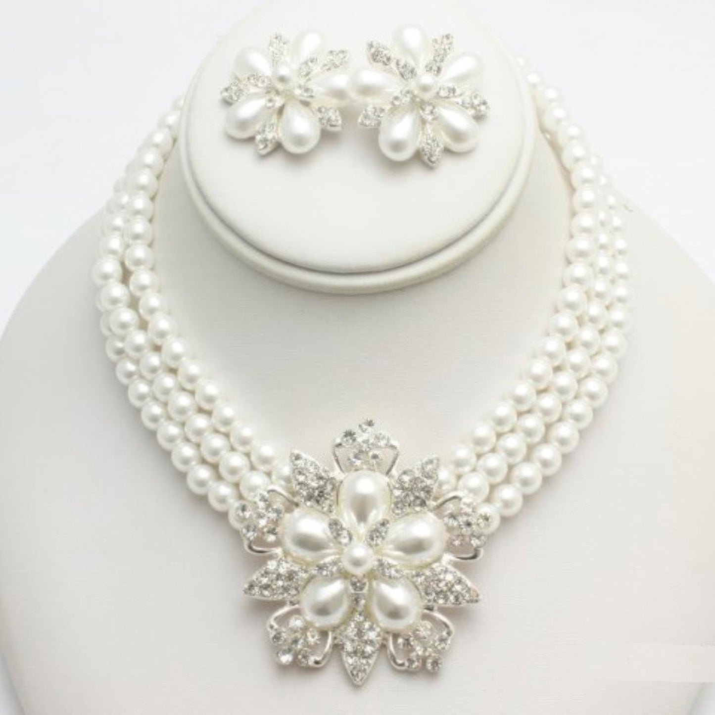 Rhinestone Pearl Flower Necklace Earring Set - Inspired Collective Store