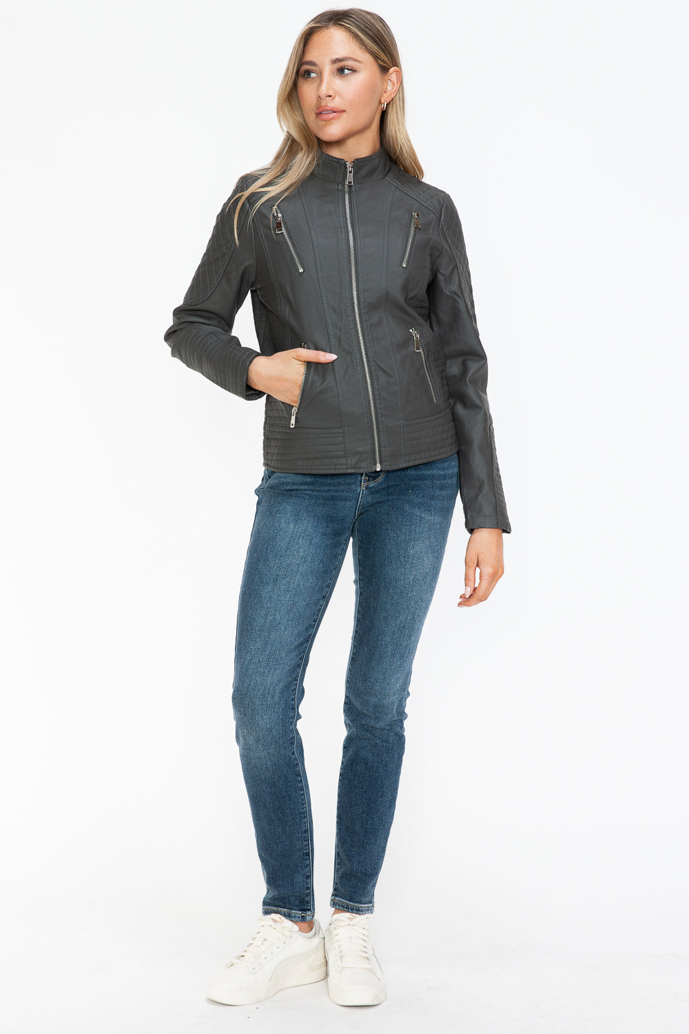 Snobbish Faux Leather Zip Up Mock Neck Jacket - Inspired Collective Store